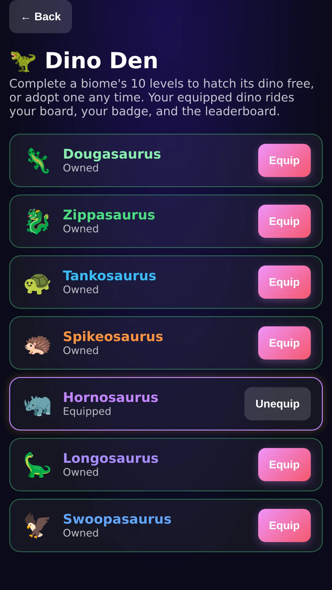 Collect and equip all ten dinos in the Dino Den